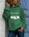 Felpa con cappuccio verde da donna a maniche lunghe con grafica di gatto e stampa divertente. - Verde
