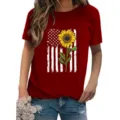 Women red short sleeve t-shirt, American flag sunflower print crewneck casual top fashion - Burgundy