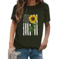 Dark Green Women Short Sleeve T-Shirt American Flag Sunflower Graphic Casual Tee Top - Army Green