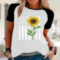 Γυναικείο κοντομάνικο raglan t-shirt casual καλοκαιρινό top με όμορφο σχέδιο ηλίανθου - S / Tops / Ραγκλάν Λευκό και Μαύρο
