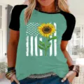 Γυναικείο Καλοκαιρινό Casual Raglan T-Shirt με Ηλιοτρόπιο και Αμερικανική Σημαία Top - S / Tops / Ραγκλάν Μπλε