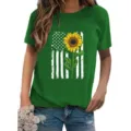 Green short sleeve t-shirt with sunflower american flag print for women casual summer wear - Green