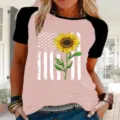 Γυναικείο casual κοντομάνικο raglan t-shirt με τύπωμα αμερικανικής σημαίας και ηλίανθου. - S / Tops / Ραγκλάν Ροζ