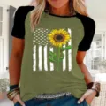 Camiseta de manga corta raglán para mujer con gráfico de bandera americana y girasol. - Raglán Verde Oliva