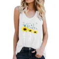 Women summer casual sunflower print tank top, sleeveless crew neck vest top detail view. - S / Tops / White