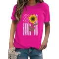 Women Summer Short Sleeve T-Shirt Sunflower American Flag Graphic Casual Top Tee - Rose Red