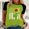 Camiseta casual de manga corta raglán para mujer con estampado gráfico de girasol verde. - Raglán Verde Fruta
