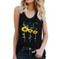 Detail view of women summer black tank top featuring sunflower dragonfly print and letter graphic. - S / Tops / Black