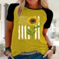 Camiseta mujer manga corta raglan bicolor con grafico de bandera americana y girasol - Raglán Amarillo
