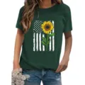 Dark Green Short Sleeve T-Shirt With Sunflower US Flag Print Casual Women Summer Top - Dark Green