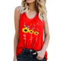 Red sunflower dragonfly print tank top detail, sleeveless casual summer top with inspiring text. - Red