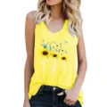 Summer women yellow tank top detail, sunflower and dragonfly print, casual round neck sleeveless - Yellow