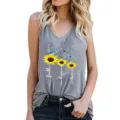 Women casual gray sleeveless tank top featuring sunflower dragonfly and inspirational print style. - Gray