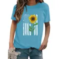 Women's casual round neck short sleeve T-shirt featuring a stylish sunflower and flag print. - Light Blue