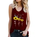 Women summer casual sleeveless tank top with sunflower print, comfortable daily wear clothing. - Burgundy