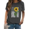 Printed Round Neck Short Sleeve T-Shirt Casual Summer Top with Sunflower Graphic - Dark Gray