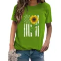 Casual Green Sunflower US Flag Print Short Sleeve T-Shirt Women Summer Fashion Top Tee - Fluorescent Green