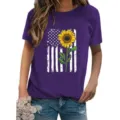 Purple short sleeve t-shirt featuring a sunflower and American flag print, o-neck design. - Purple