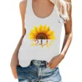 Detailed view of women white sleeveless tank top featuring sunflower and heartbeat print. - S / Tops / White