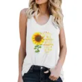 Close-up detail of the sunflower graphic and motivational English text on the white tank top. - S / Tops / White