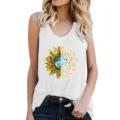 Women casual white sleeveless tank top with sunflower graphic print for summer daily wear. - S / Tops / White