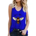 Summer casual women blue racerback tank top with cute bee graphic print detail view. - S / Tops / Sapphire Blue