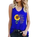 Detail view of royal blue women's sleeveless tank top with sunflower graphic print. - S / Tops / Sapphire Blue
