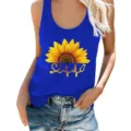Summer women blue sleeveless tank top with cute sunflower print casual basic daily wear top - S / Tops / Sapphire Blue