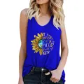 Women casual blue tank top with sunflower graphic print and inspiring quote detail view. - S / Tops / Sapphire Blue