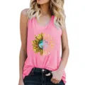 Close-up view of pink women tank top featuring creative sunflower graphic and text print. - S / Tops / Pink