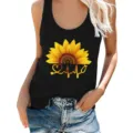 Detailed view of the black sleeveless tank top featuring a sunflower and heartbeat print for women. - S / Tops / Black