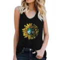 Women casual black racerback tank top featuring cute sunflower and earth graphic print. - S / Tops / Black