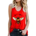 Close-up detail view of the red bee print tank top, comfortable summer casual wear. - Red