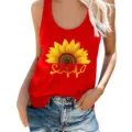 Close-up of red tank top featuring vibrant sunflower and heartbeat graphic detail. - Red