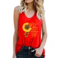 Summer casual red sleeveless tank top for women with beautiful sunflower and letter print design. - Red