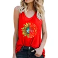 Women Summer Casual Red Tank Top Sunflower Graphic Sleeveless Gym Athletic Shirt Top Tee - Red