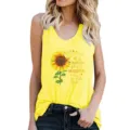 Detail view of women summer sleeveless tank top with sunflower graphic print and inspiring quote. - Yellow
