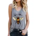 Detail view of women's gray sleeveless racerback tank top with bee print graphic design. - Gray