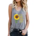 Women casual grey sleeveless racerback tank top with lovely sunflower graphic and letter print. - Gray