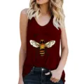 Women casual bee print sleeveless tank top detail, dark red summer fashion apparel. - Burgundy