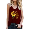 Women summer casual sunflower print tank top, comfortable sleeveless scoop neck basic vest top. - Burgundy