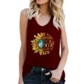 Women Casual Sunflower Print Tank Top Summer Sleeveless V-Neck Athletic Gym Shirt - Burgundy