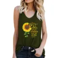 Detail view of womens summer military green tank top with sunflower graphic print and empowering quote text. - Army Green
