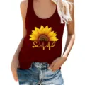 Women Summer Sunflower Heartbeat Print Tank Top Casual Sleeveless Camisole Vest Top - Burgundy