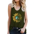 Women's casual sleeveless racerback tank top with sunflower graphic print for summer daily wear. - Army Green