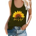Summer women's sleeveless tank top featuring a cute sunflower and heartbeat print design. - Army Green