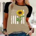 Camiseta raglán de manga corta para mujer Girasol vintage bandera americana top - Raglán Albaricoque