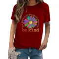 Casual women short sleeve red t-shirt featuring a colorful daisy flower graphic and positive quote. - S / Tops / Burgundy