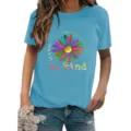 Women casual short sleeve round neck t-shirt featuring colorful daisy graphic print top. - S / Tops / Light Blue