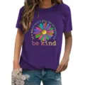 Purple short sleeve T-shirt with daisy floral print and be kind motivational quote top. - S / Tops / Purple